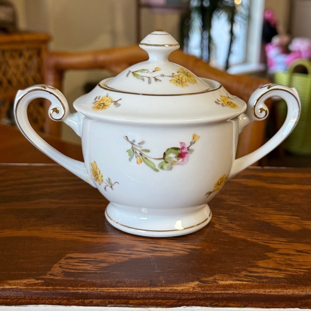 Vintage Albion 1950’s Floral Porcelain Teapot Sugar Dish Set White Pink Yellow - Picture 11 of 14